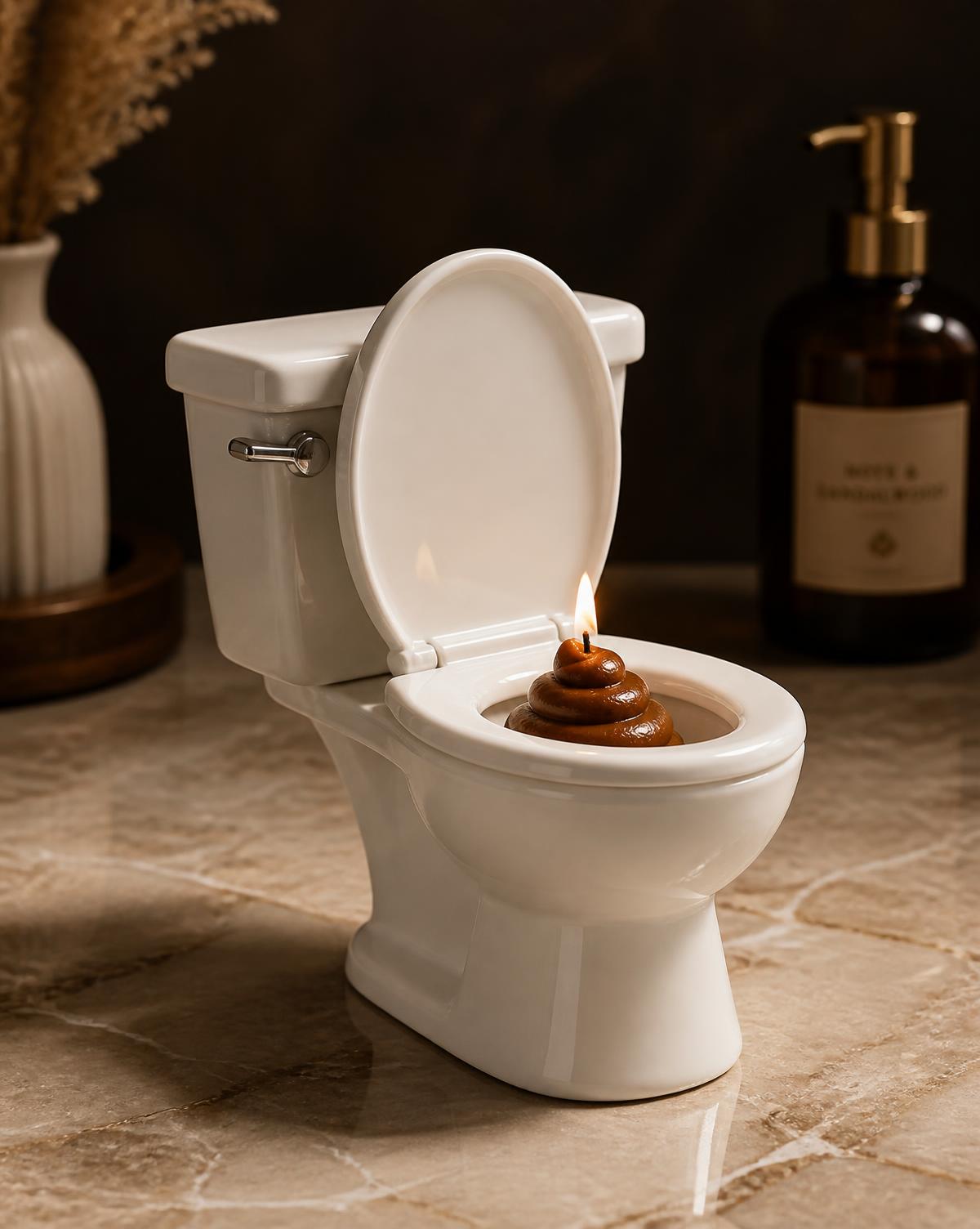 The SBD: a miniature white ceramic toilet candle with a lit brown swirl candle in the bowl